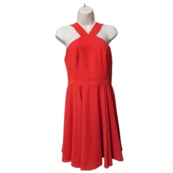 Lulu's Forevormore Orange Red Fit and Flare Halter Dress Chiffon Overlay Sz. S - Picture 2 of 13